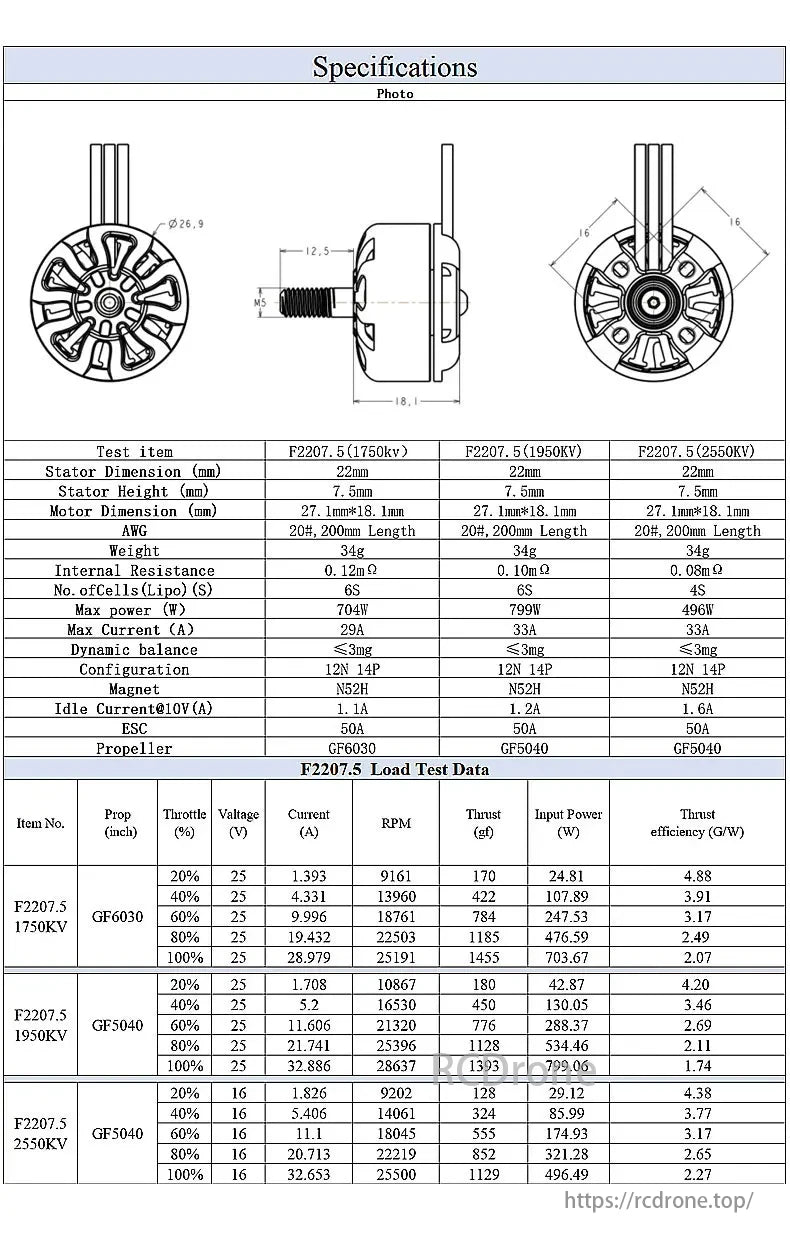 E-Powerrc F2207.5 motor specs: 22mm stator, 7.5mm height, 34g weight, 1750-2550KV, max power 496-704W, max current 29-33A, 12N 14P config, N52H magnets, load test data included.