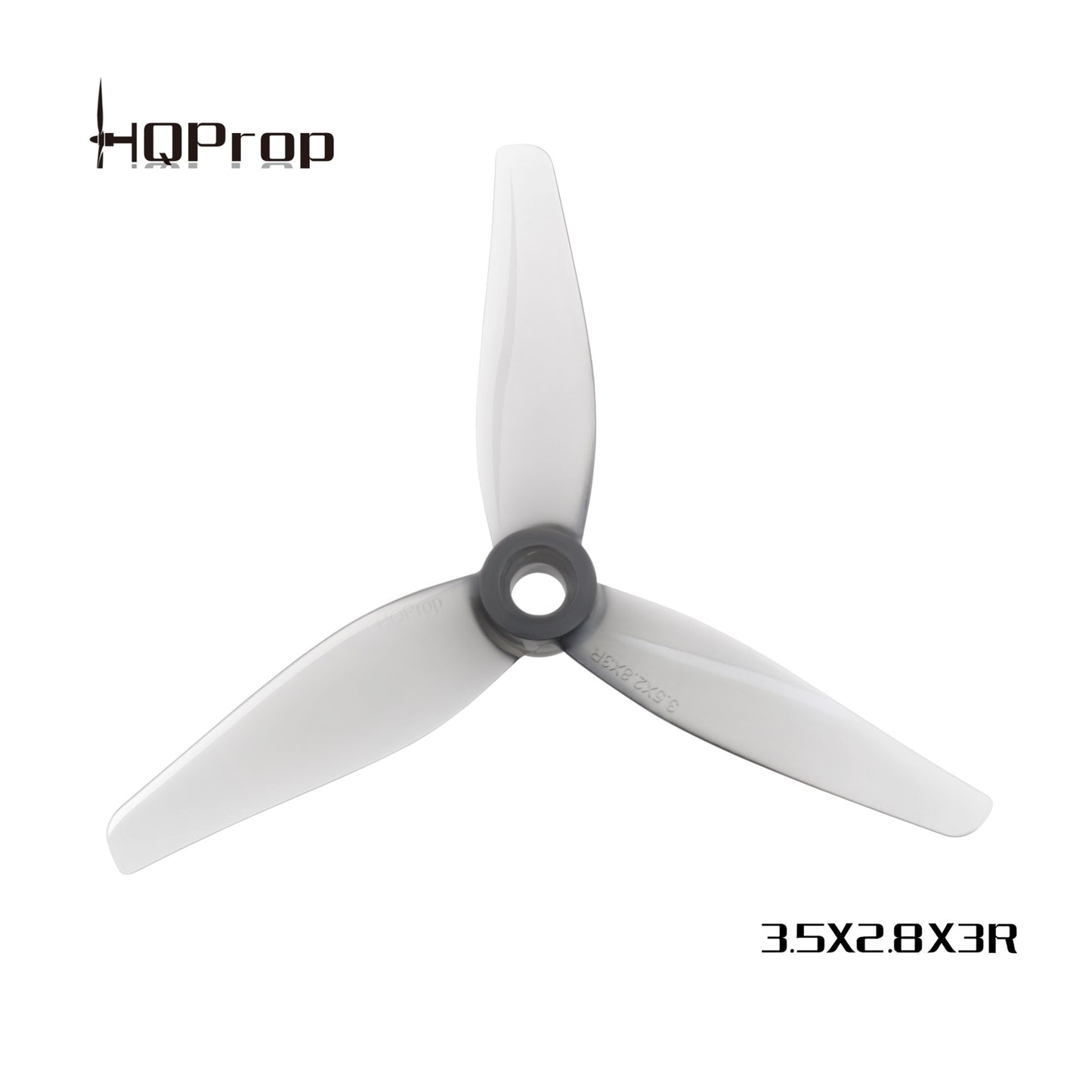 HQProp tri-blade propeller with printed size marking 3.5X2.8X3R, grey blades and dark hub