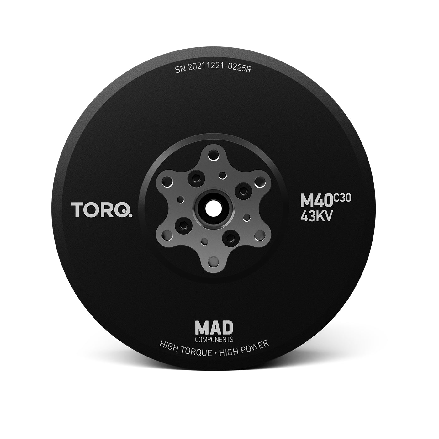 MAD M40C30 PRO IPE Brushless Drone Motor, Top view of MAD TORO M40C30 43KV brushless drone motor with black bell and central mounting pattern