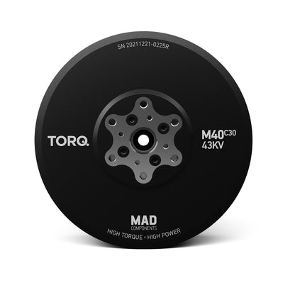 MAD M40C30 PRO IPE Brushless Drone Motor, Top view of MAD TORO M40C30 43KV brushless drone motor with black bell and central mounting pattern