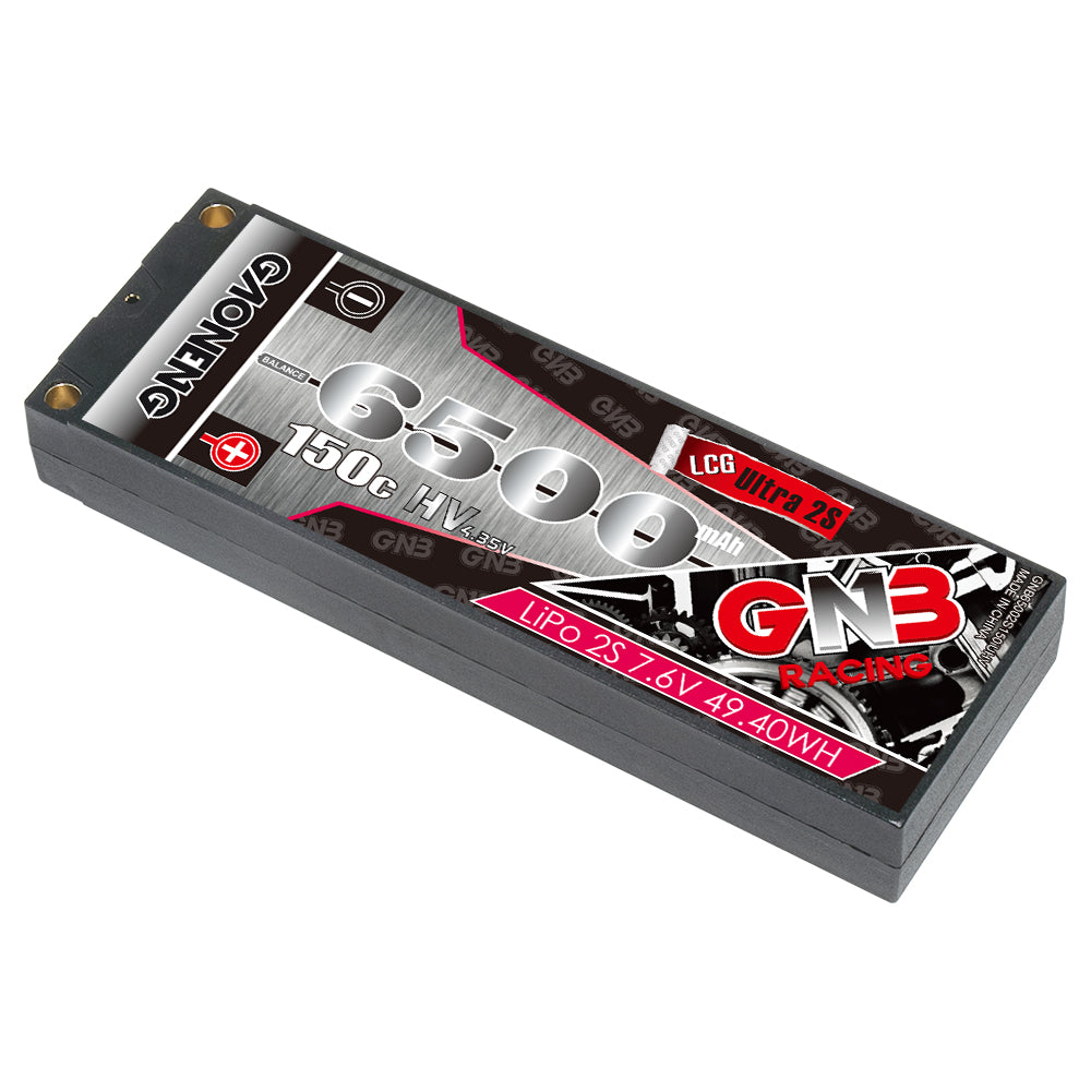 GNB 6500mAh 2S LiHV hard case LiPo battery angled top view showing label and case thickness