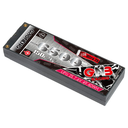 GNB 6500mAh 2S LiHV hard case LiPo battery angled top view showing label and case thickness