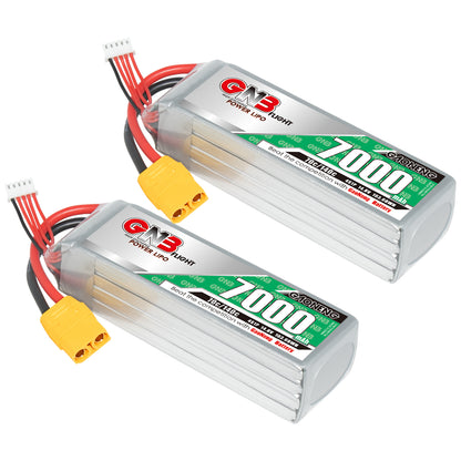Two-pack view of GNB 7000mAh LiPo batteries with XT90 connectors and balance leads