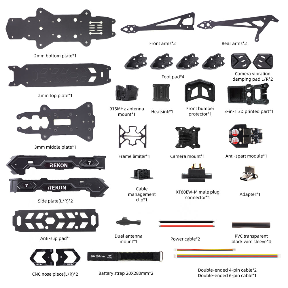 Package contents layout for Rekon7 PRO V2 frame kit with plates, arms, hardware and accessories
