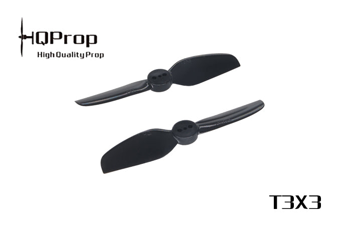 HQProp T3X3 durable propellers in black, pair of 3-blade props with HQProp logo and T3X3 text