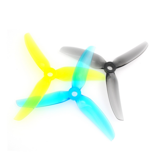 HQProp 4x2.5x3V2S 4in 3-blade propellers shown in gray, light blue, and yellow