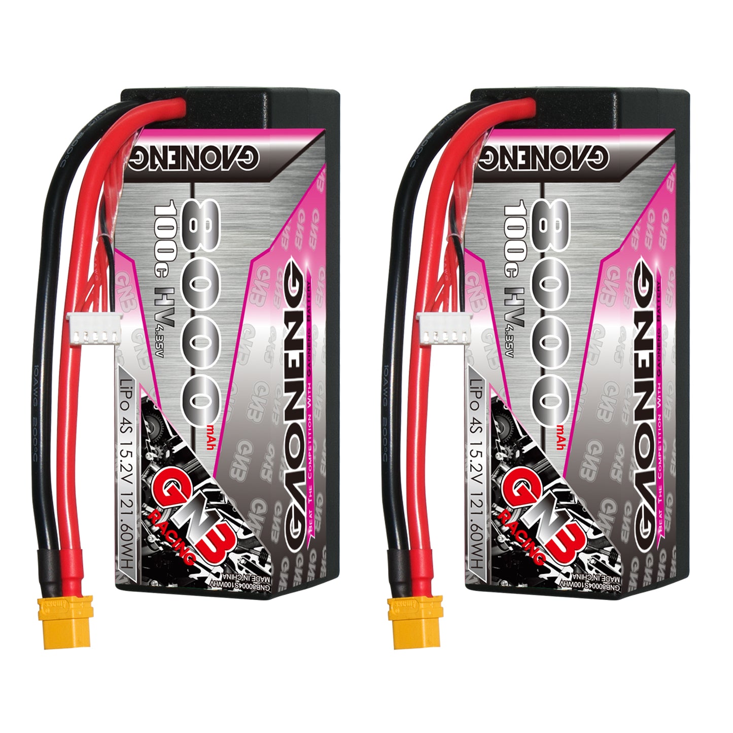 Two GAONENG GNB 4S 8000mAh 100C LiHV hard case LiPo batteries shown side by side