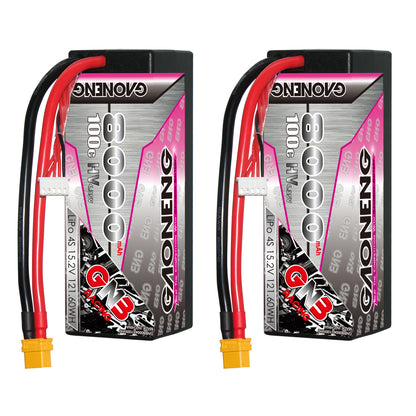 Two GAONENG GNB 4S 8000mAh 100C LiHV hard case LiPo batteries shown side by side