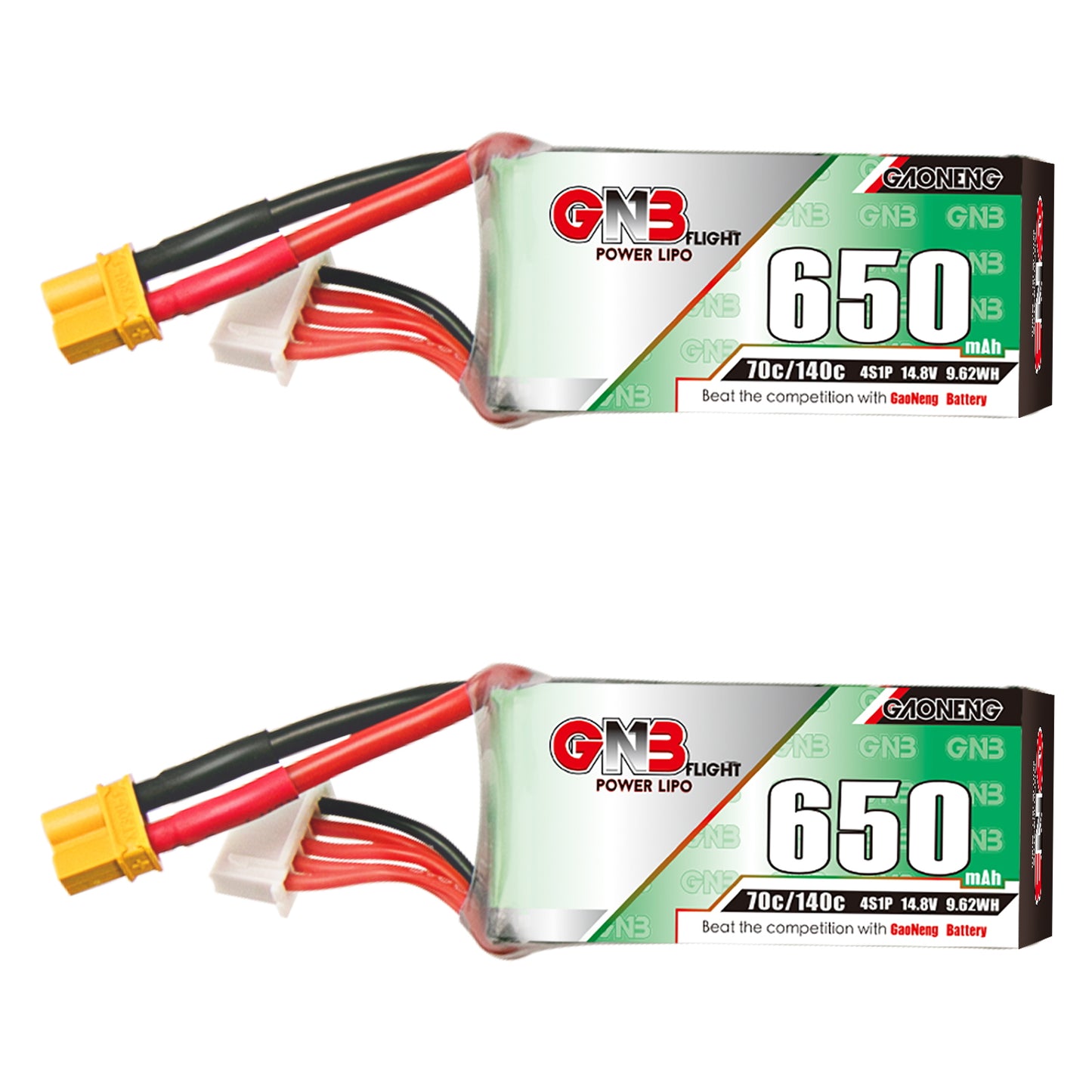 GAONENG GNB6504S70A 4S 650mAh 70C LiPo battery with XT30 plug and balance lead, side label view