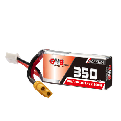 GAONENG GNB 350mAh 2S 7.4V 60C LiPo battery angled view showing label, XT30 plug and balance connector
