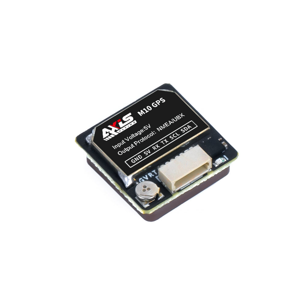 Axisflying M10 GPS module, 5V, supports NMEA/UBX protocols, compact 20x20x6mm size, ideal for drone navigation and positioning applications.