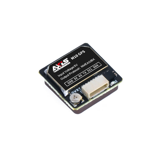 Axisflying M10 GPS module, 5V, supports NMEA/UBX protocols, compact 20x20x6mm size, ideal for drone navigation and positioning applications.