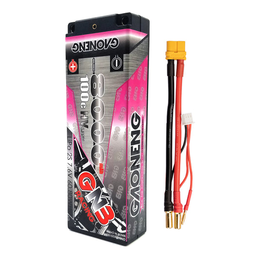 GAONENG GNB 8000mAh 2S 7.6V LiHV hard case LiPo battery with leads and 5mm bullet plugs