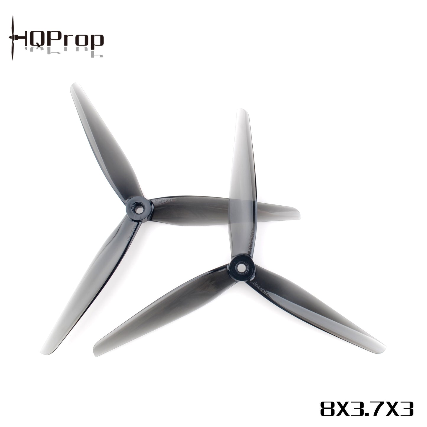 HQProp 8X3.7X3 grey 3-blade propellers with HQProp logo and 8x3.7x3 size text overlay