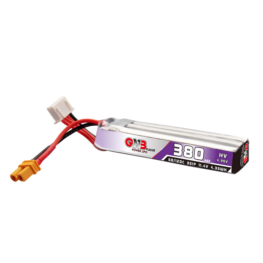 Single GNB 380mAh 3S LiHV LiPo battery on white background, XT30 connector and balance lead