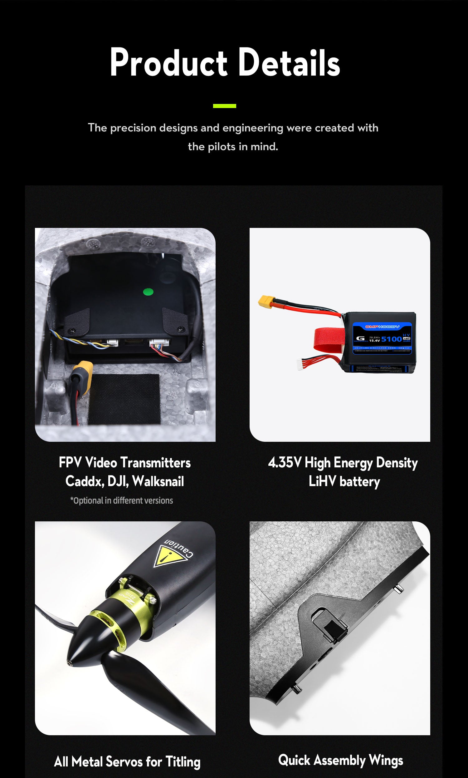 OMPHOBBY ZMO PRO VTOL FPV Aircraft, High-performance VTOL aircraft for pilots, featuring precise design, advanced components and adjustable wings.