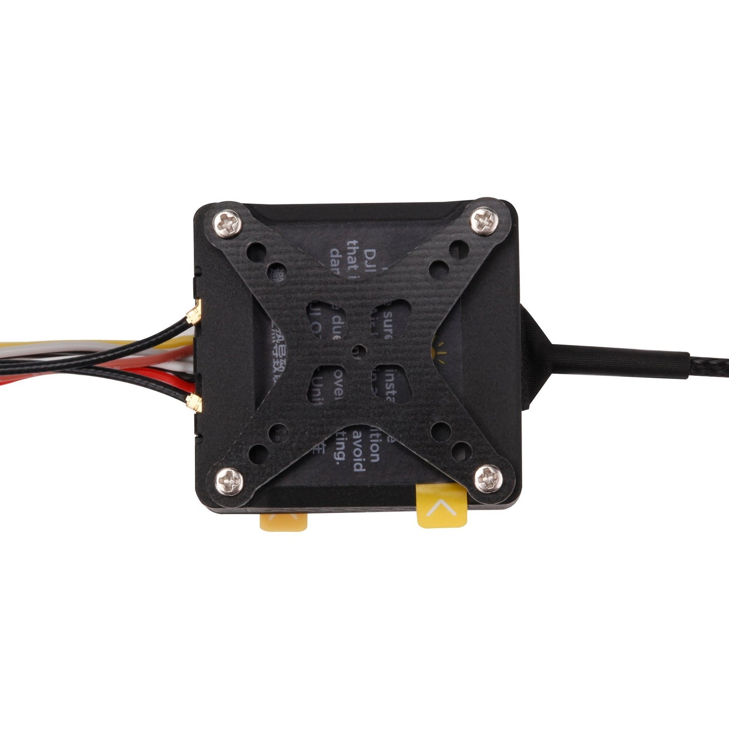 Top view of a black DJI O3 Air Unit adapter mounting plate with four corner screws and attached cables