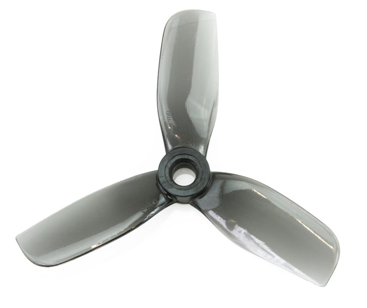 3-blade cinewhoop drone propeller in smoke gray, top view showing blade profile and hub opening