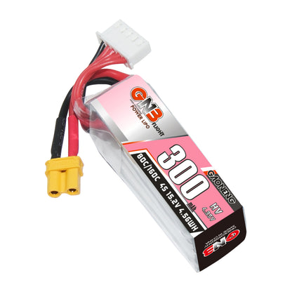 GNB 300mAh HV 4S LiHV LiPo battery angled view showing XT30 connector and 5-pin balance plug