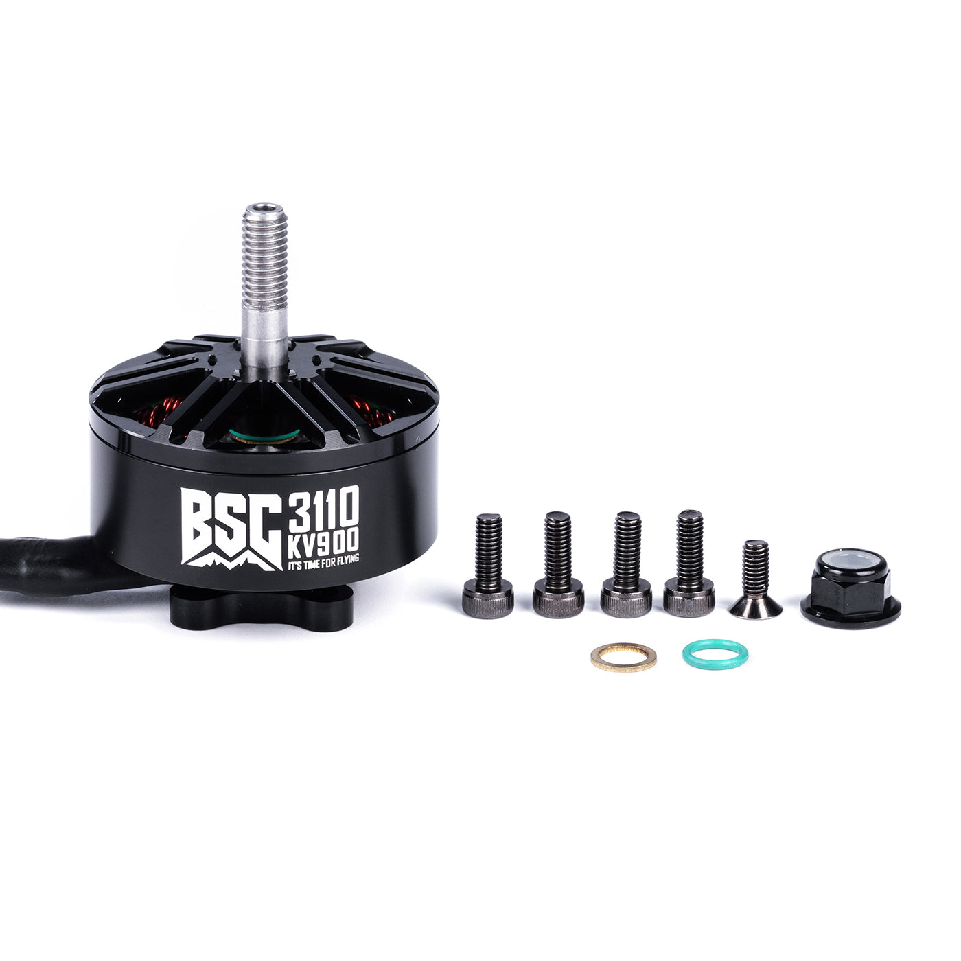 MAD BSC3110 V1.0 900KV FPV Drone Motor, MAD BSC3110 V1.0 900KV brushless FPV drone motor with mounting screws, washers, and nut