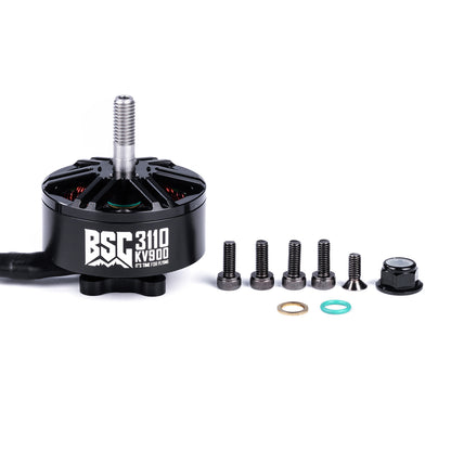 MAD BSC3110 V1.0 900KV FPV Drone Motor, MAD BSC3110 V1.0 900KV brushless FPV drone motor with mounting screws, washers, and nut