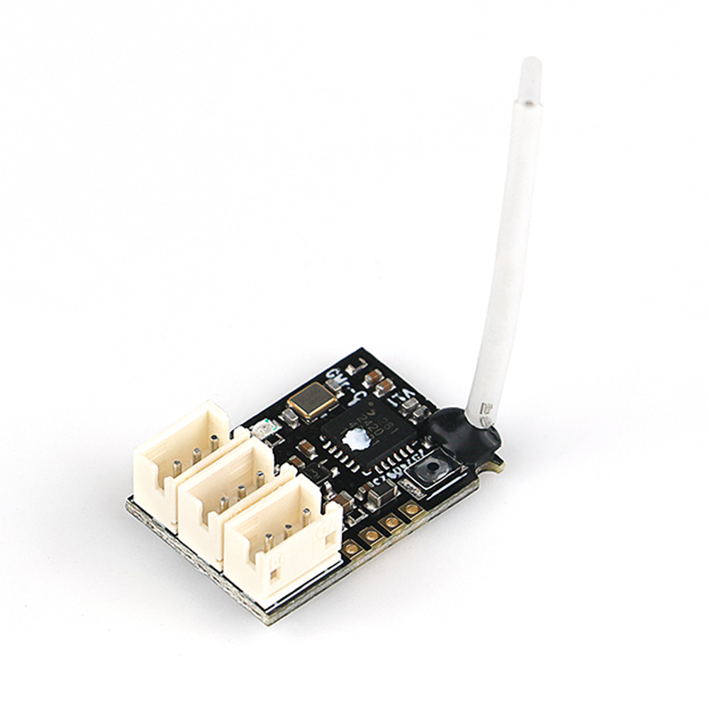 FlySky GMr-C3 2.4GHz 3CH AFHDS 3 PWM micro receiver with antenna and 3 ports, angled view