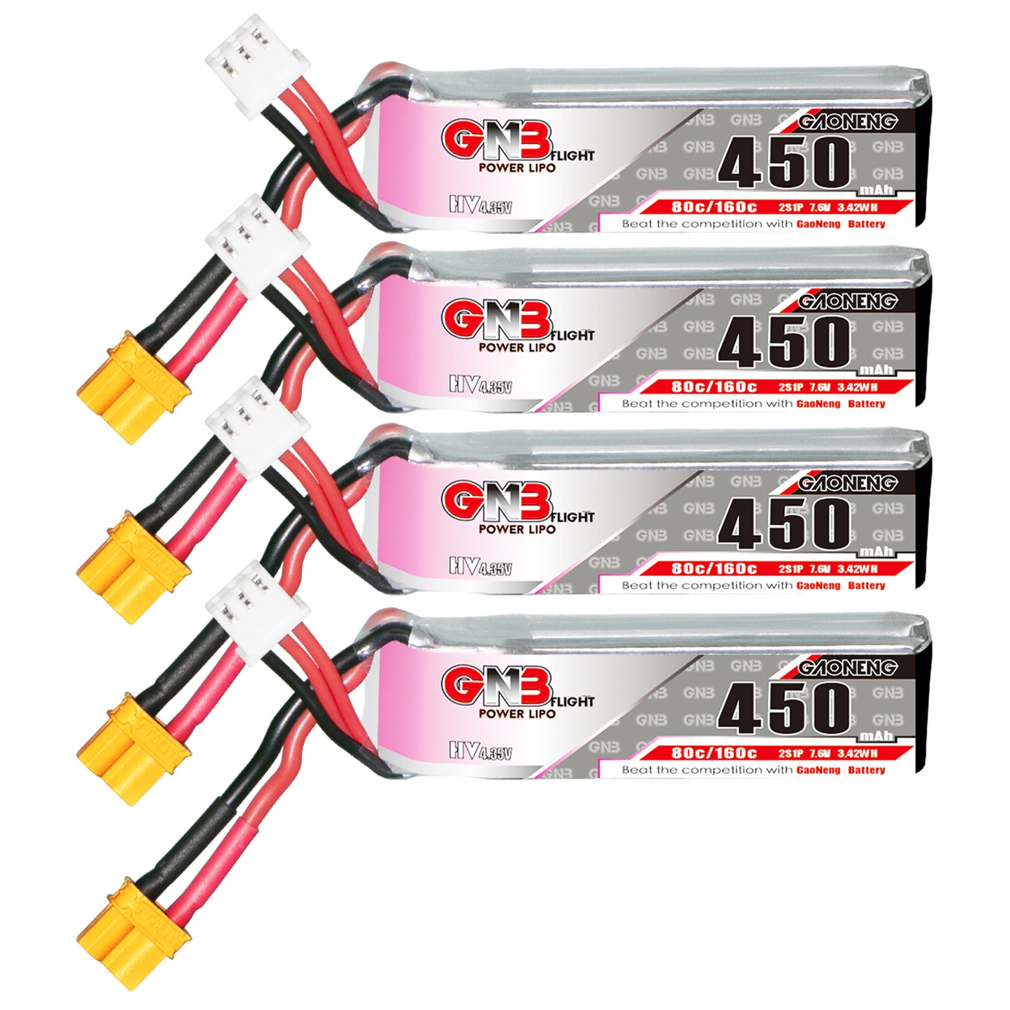 Four GAONENG GNB 450mAh LiHV 2S 7.6V micro FPV drone batteries with XT30 and balance leads