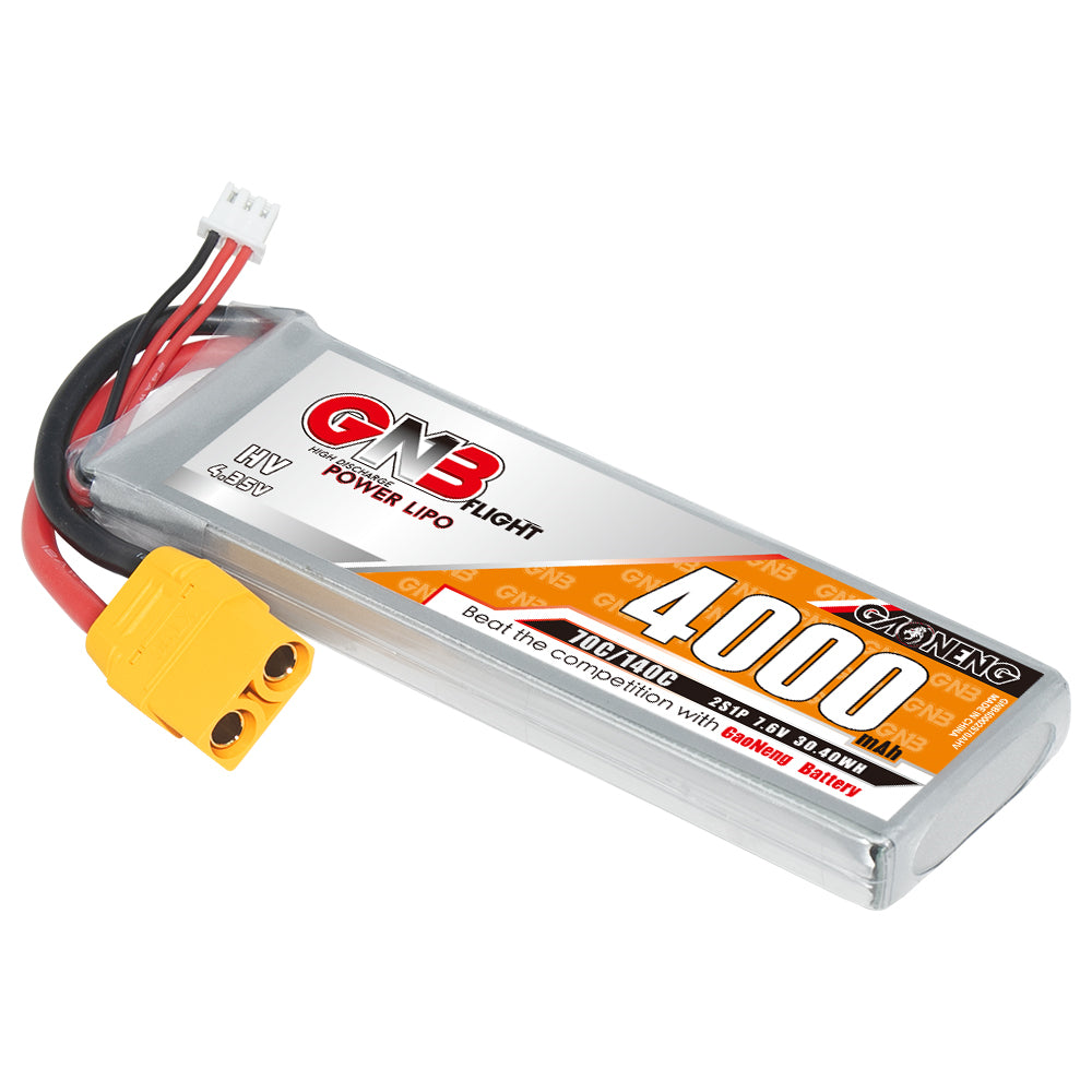 GAONENG GNB 2S 7.6V 4000mAh 70C LiHV LiPo Battery angled view with XT90 connector