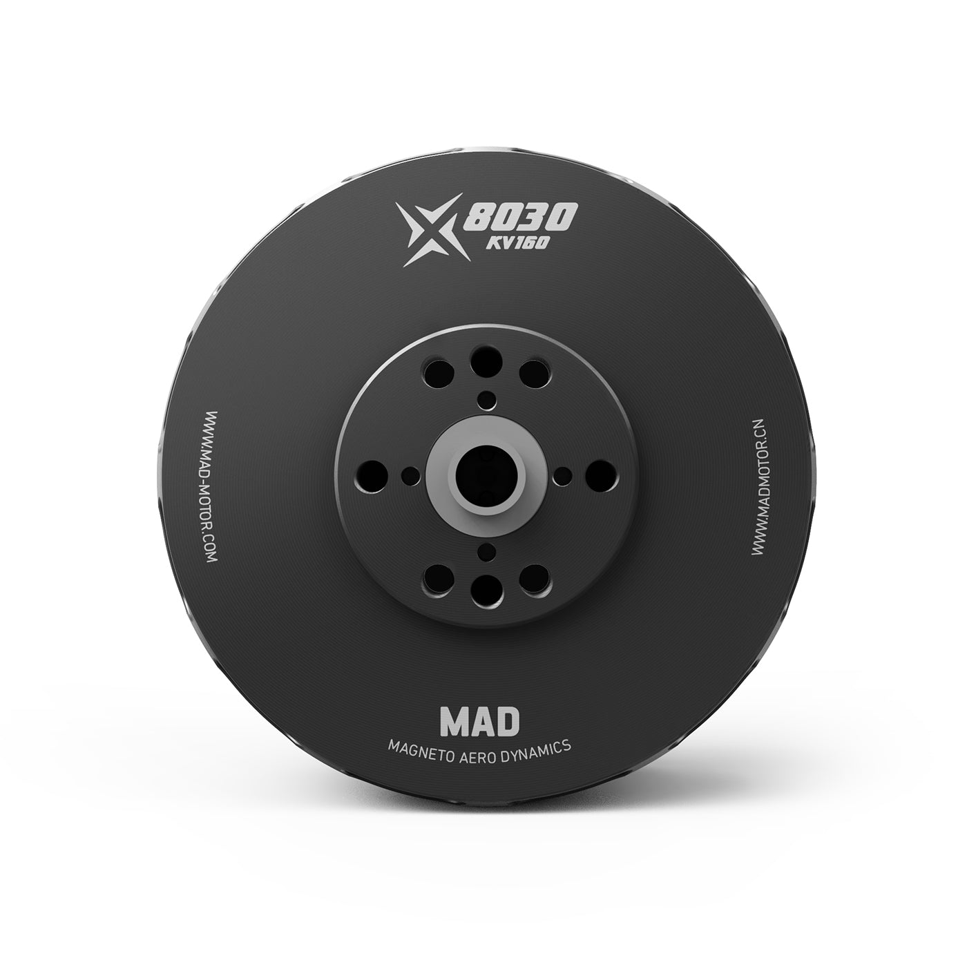 MAD X8030 eVTOL Airplane Drone Motor, Front view of MAD X8030 KV180 eVTOL airplane drone motor with black round housing and mounting holes