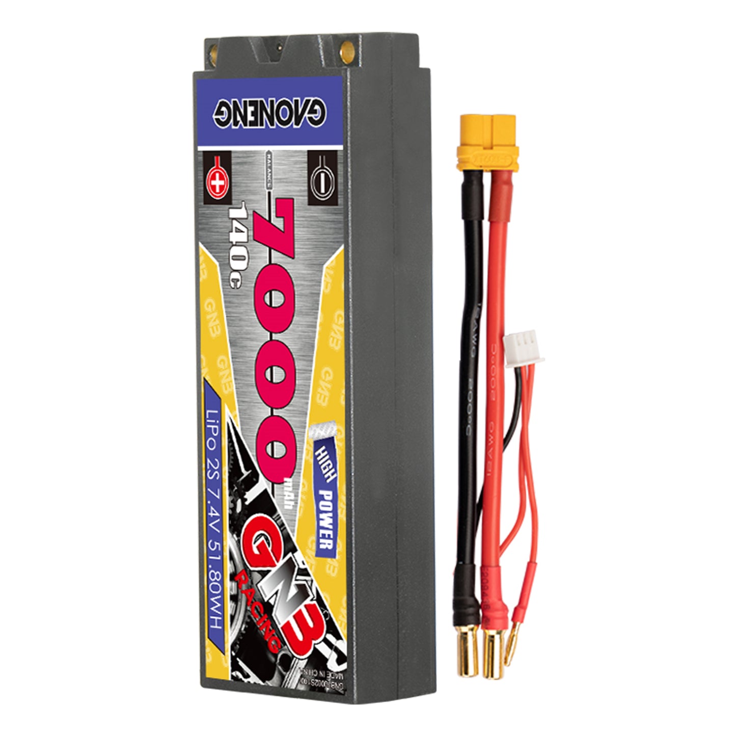 GNB 2S 7.4V 7000mAh 140C hard case LiPo battery with XT60 lead, 5mm bullets and balance plug