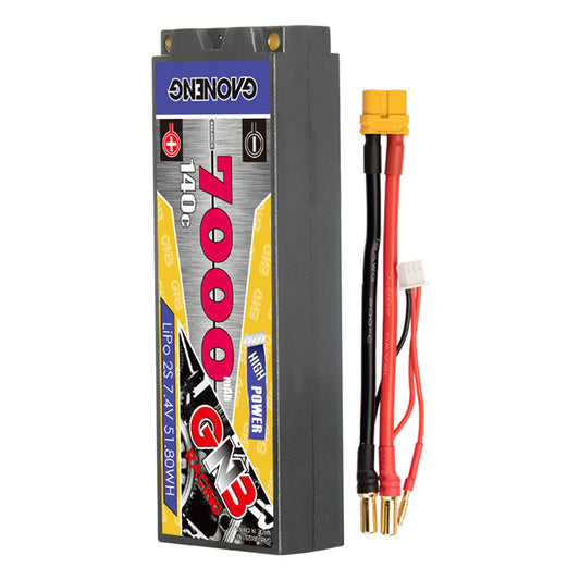 GNB 2S 7.4V 7000mAh 140C hard case LiPo battery with XT60 lead, 5mm bullets and balance plug