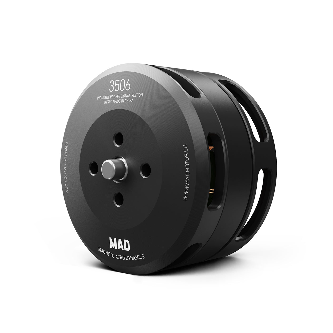 MAD 3506 IPE V1.0 drone motor with black anodized housing, vented bell, and front mounting holes