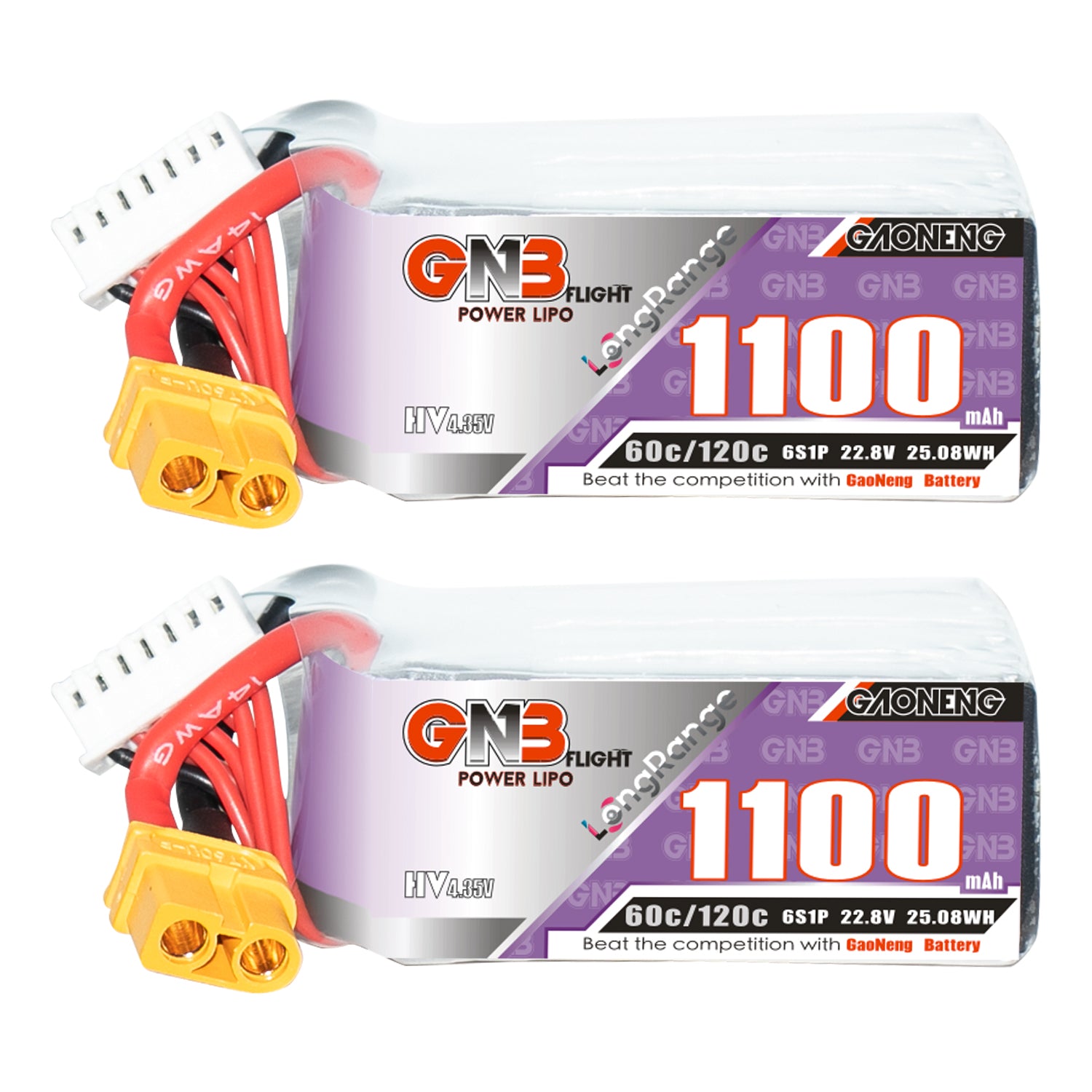 GNB LiHV 6S 22.8V 1100mAh 60C LiPo battery with XT60 and balance lead, label view