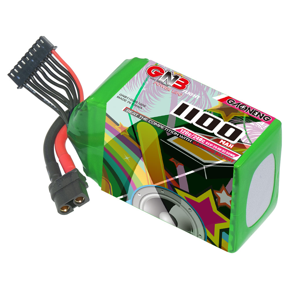 GAONENG GNB 1100mAh LiPo battery close-up showing label, XT60 power connector and balance lead