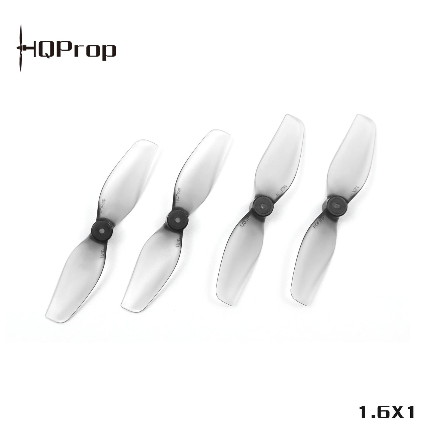 HQProp 1.6x1 whoop prop size graphic showing four grey translucent 2-blade props on white background