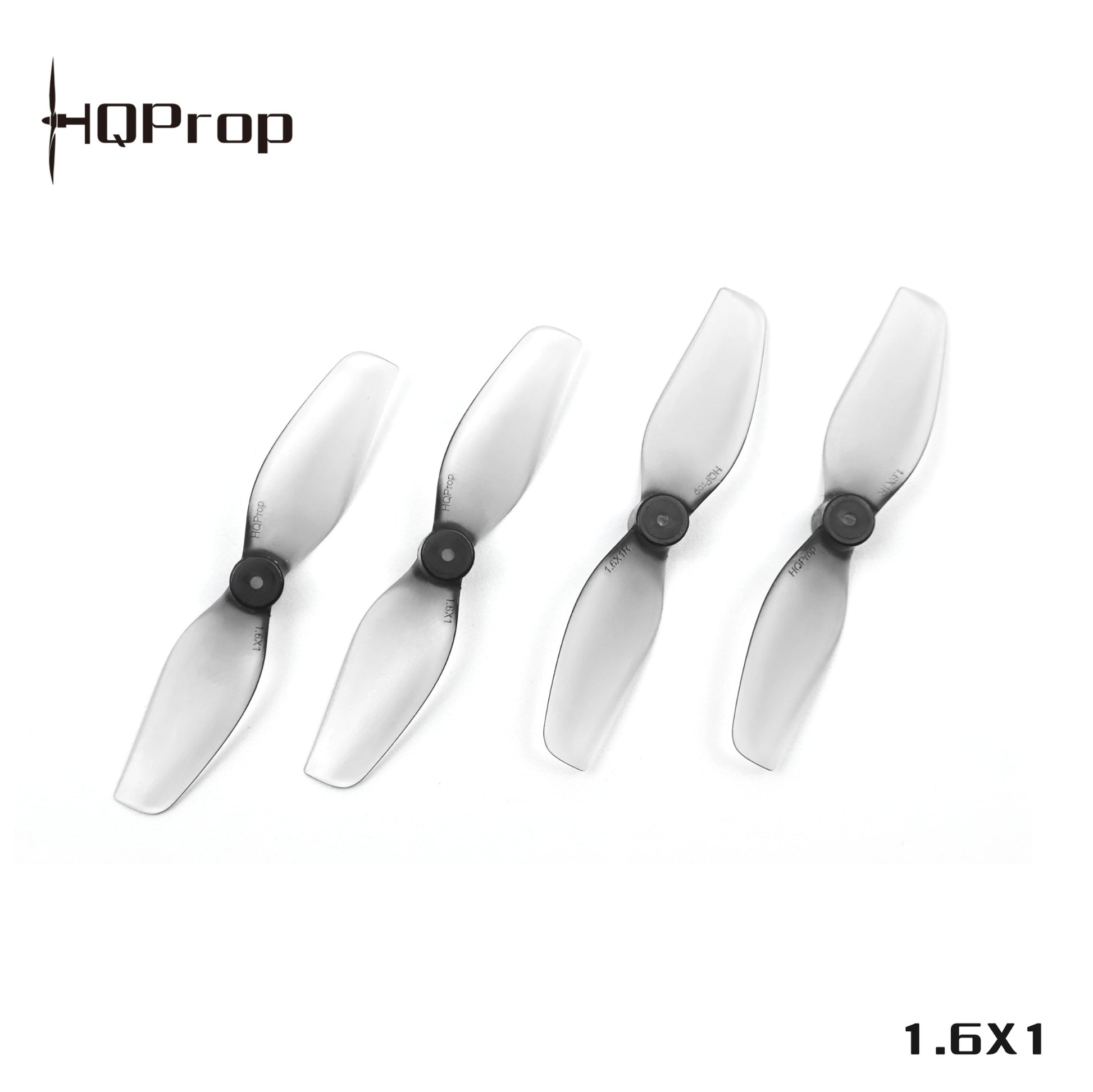 HQProp 1.6x1 whoop prop size graphic showing four grey translucent 2-blade props on white background