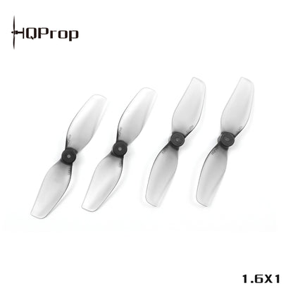 HQProp 1.6x1 whoop prop size graphic showing four grey translucent 2-blade props on white background