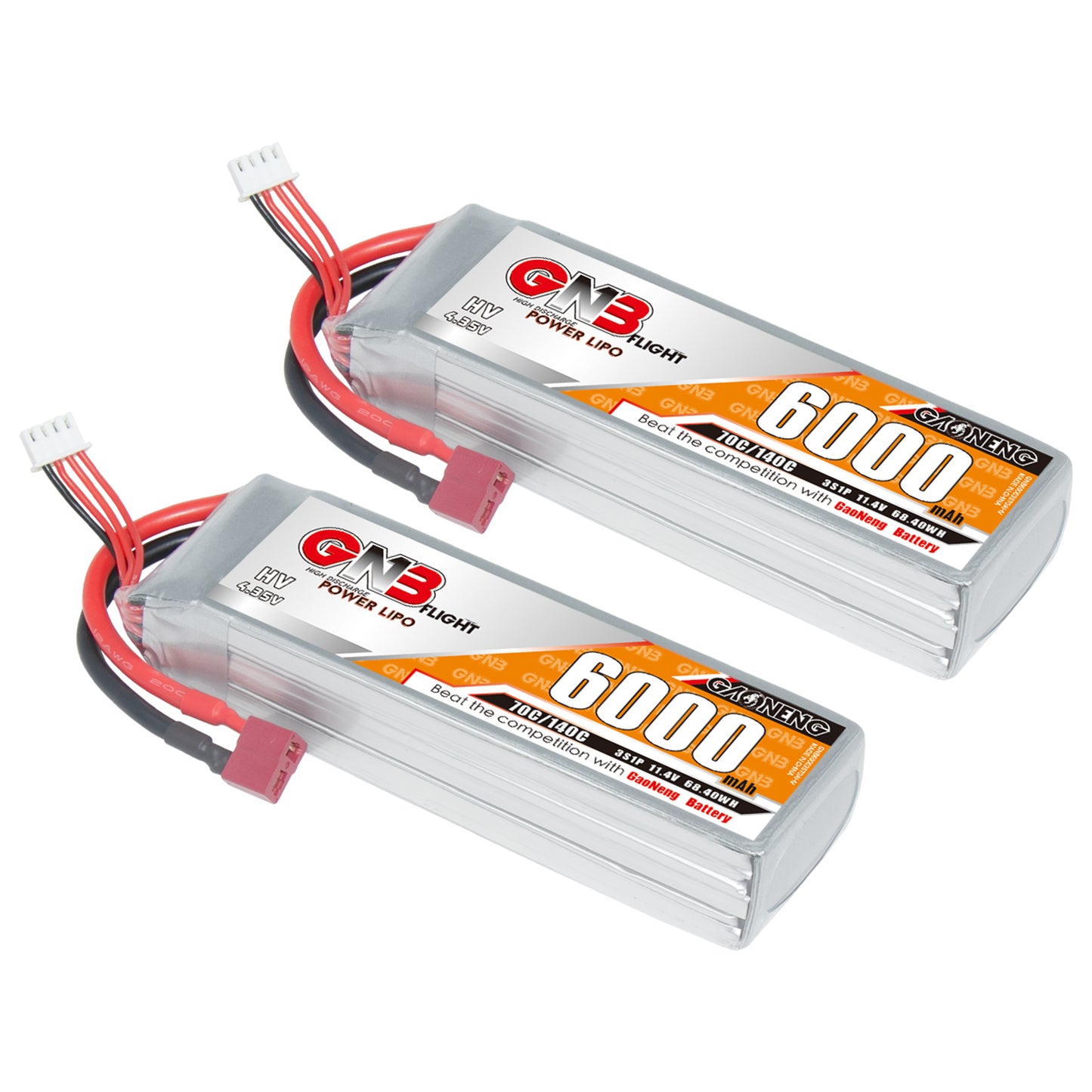 Two GNB 6000mAh LiHV LiPo packs shown together with T-plug connectors and balance leads