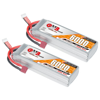 Two GNB 6000mAh LiHV LiPo packs shown together with T-plug connectors and balance leads