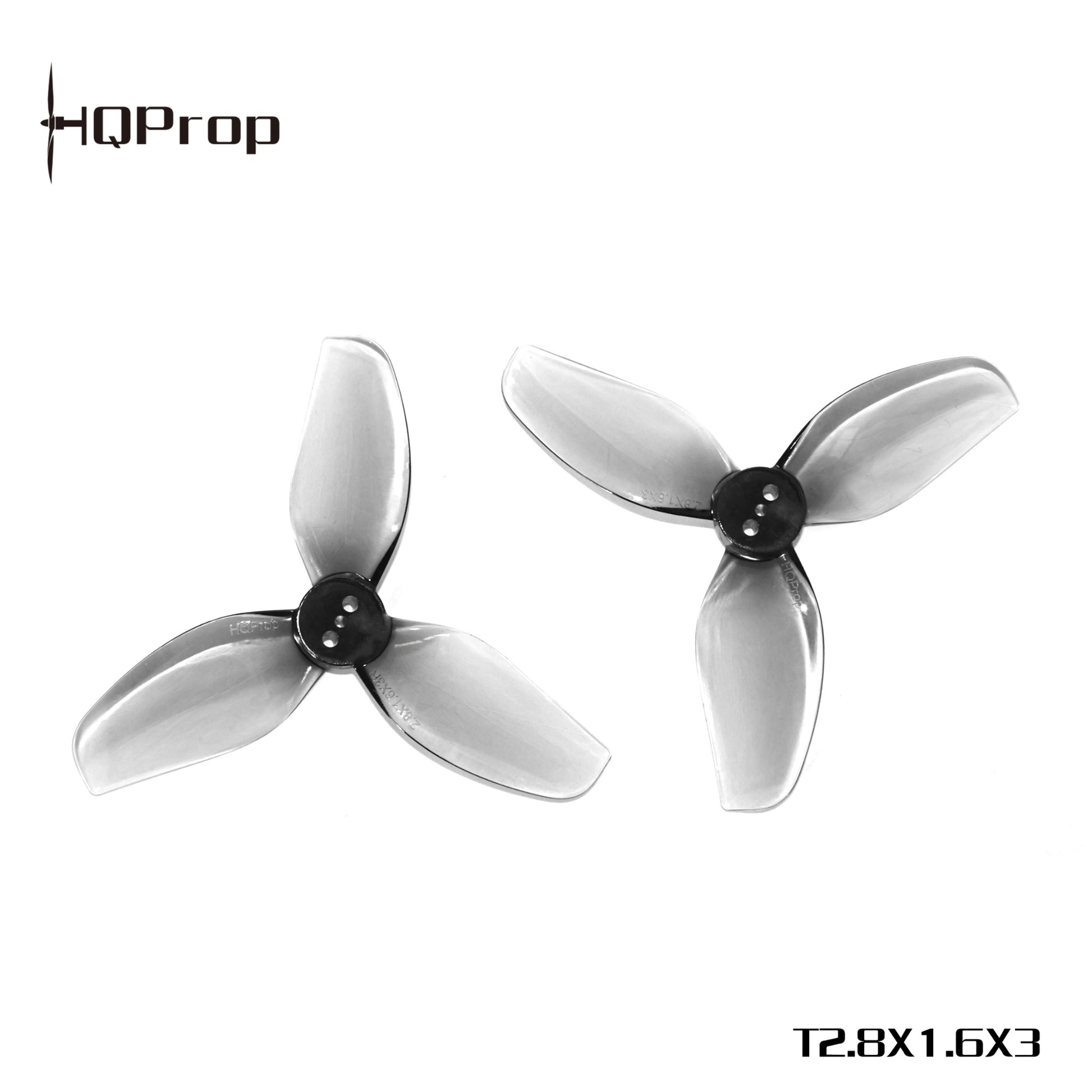 HQProp T2.8X1.6X3 grey tri-blade propellers, two pieces shown with logo and size text