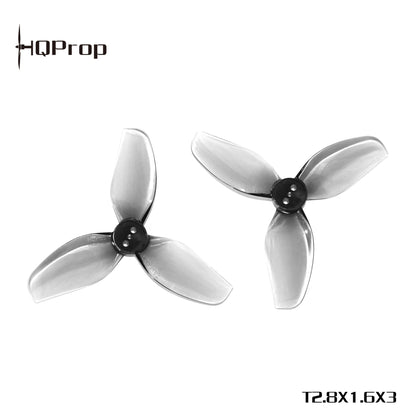 HQProp T2.8X1.6X3 grey tri-blade propellers, two pieces shown with logo and size text