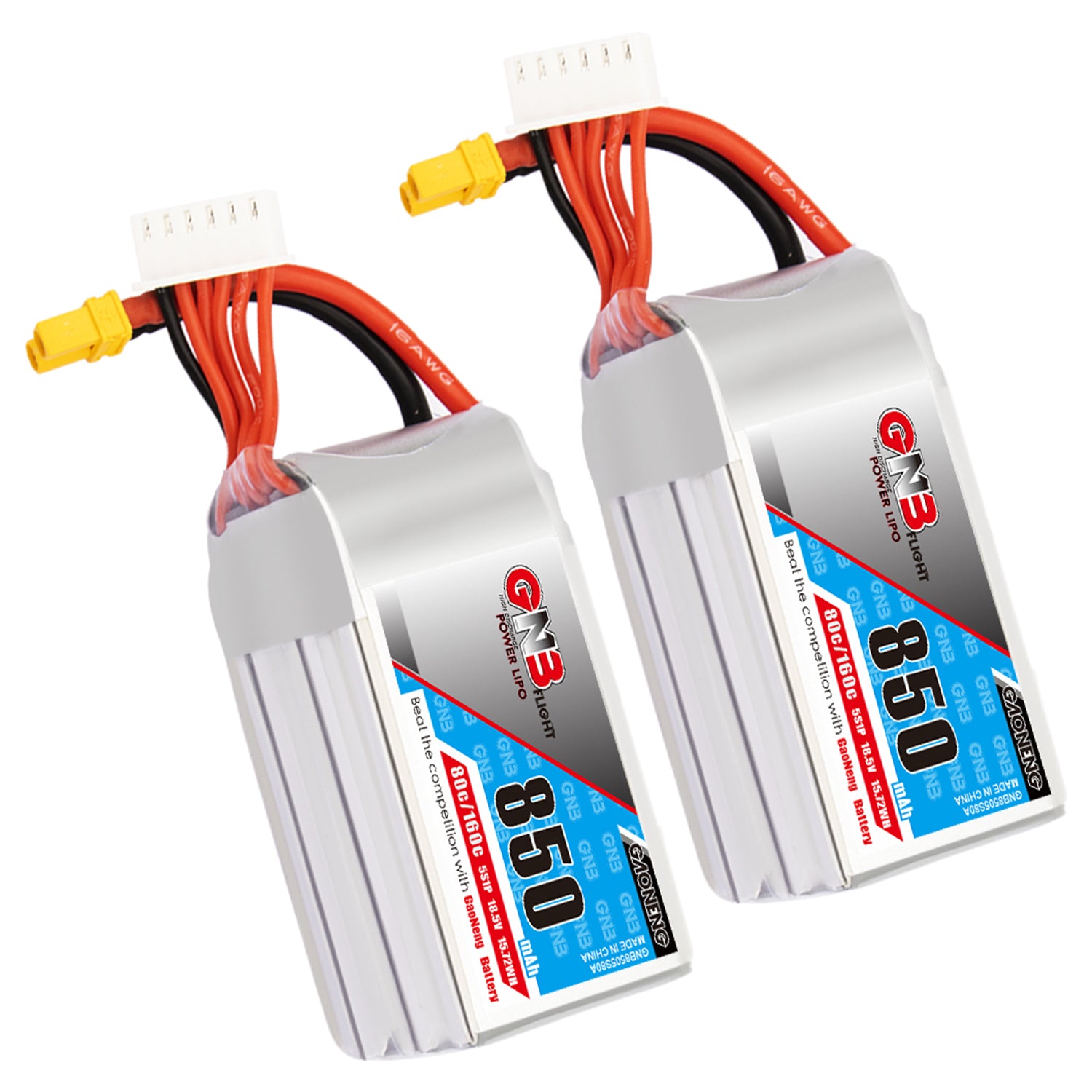 GAONENG GNB850 5S 850mAh 80C XT30 LiPo batteries, two-pack with balance leads