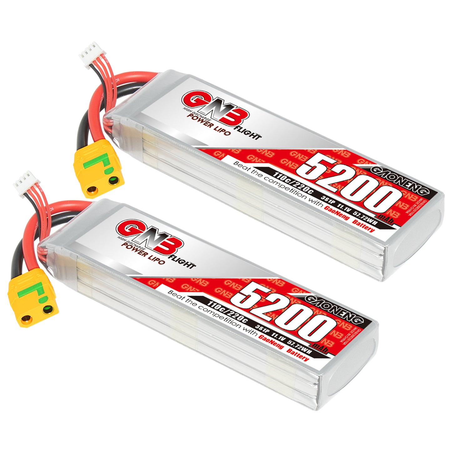 Two GNB 5200mAh LiPo battery packs shown with yellow XT90S connectors and balance leads