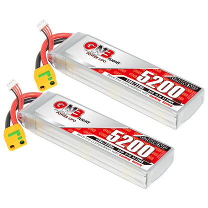 Two GNB 5200mAh LiPo battery packs shown with yellow XT90S connectors and balance leads