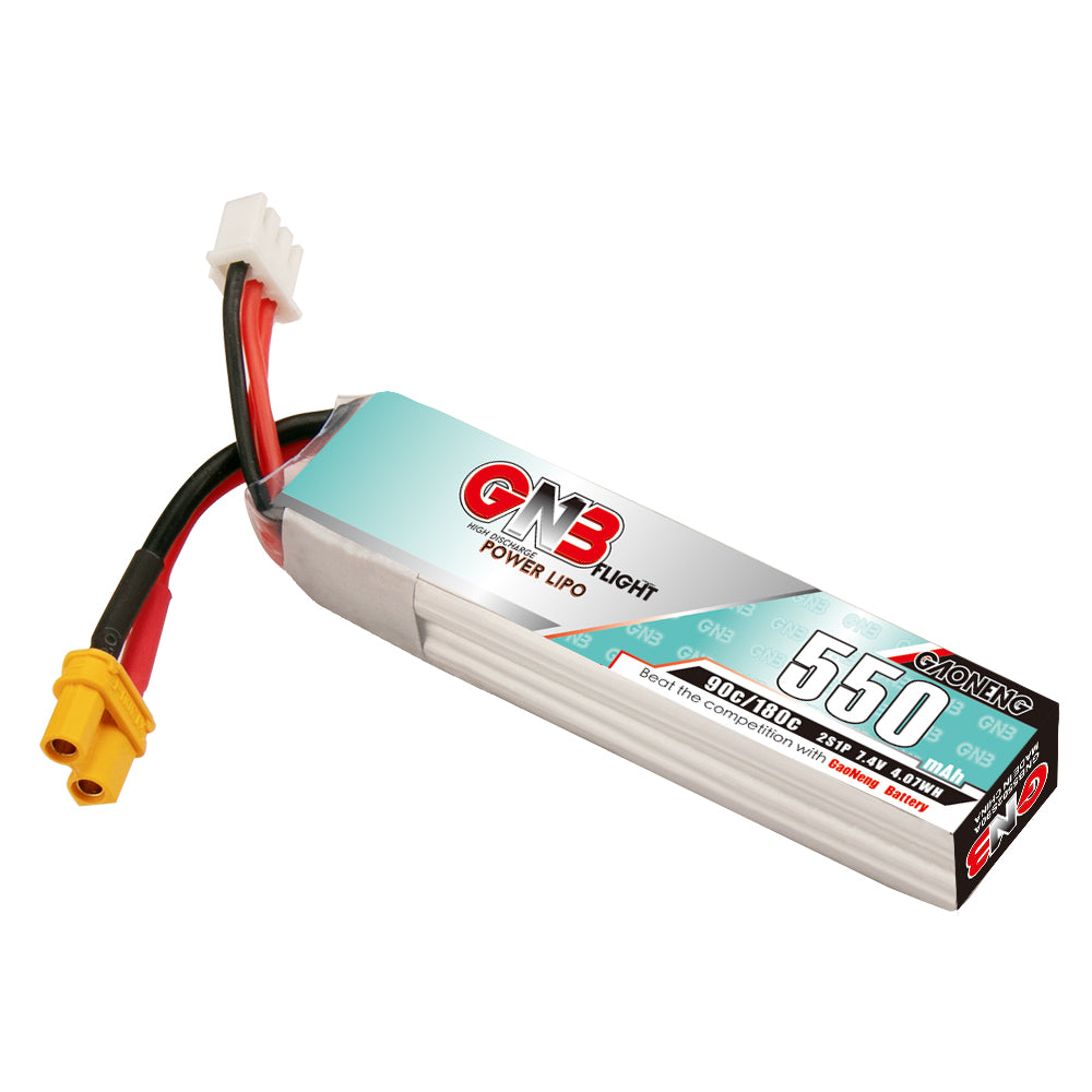 GAONENG GNB 550mAh 2S 7.4V 90C XT30 LiPo battery, angled view showing XT30 plug and balance connector