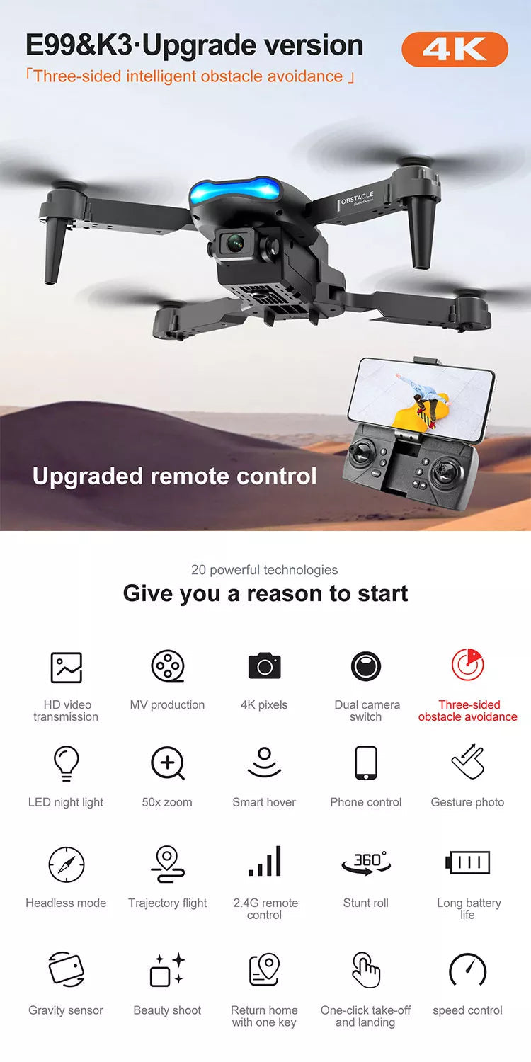 E99 PRO2 Drone K3 Pro Drone Max Obstacle Avoidance Mini Drone Mini Drone 8 E99 PRO2 Drone, eggek3-upgrade version 4k tthree-
