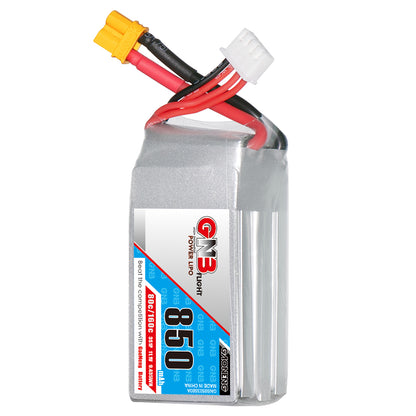 GNB 850mAh 3S 11.1V 80C LiPo battery upright view with XT30 connector and white balance plug