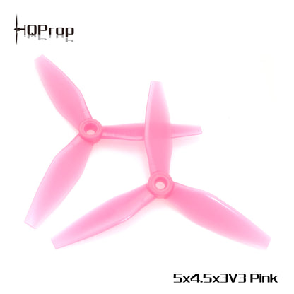 HQProp 5x4.5x3V3 pink 3-blade propellers, two props shown with size marking on white