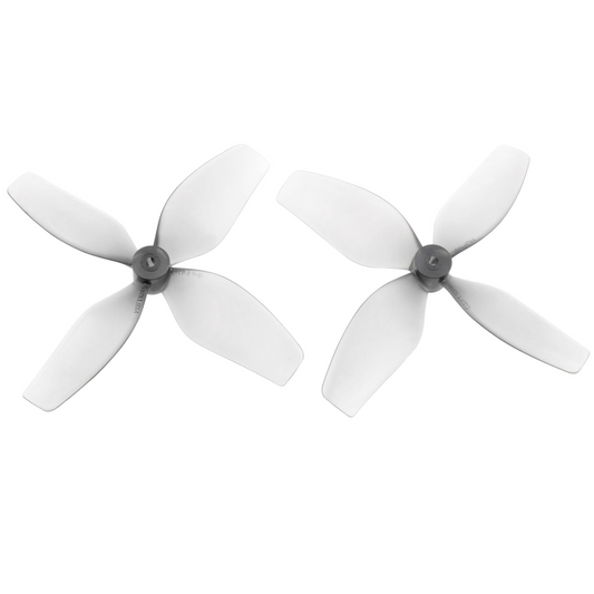 Two HQProp D2X1.9X4 four-blade cinewhoop drone propellers, light gray set on white
