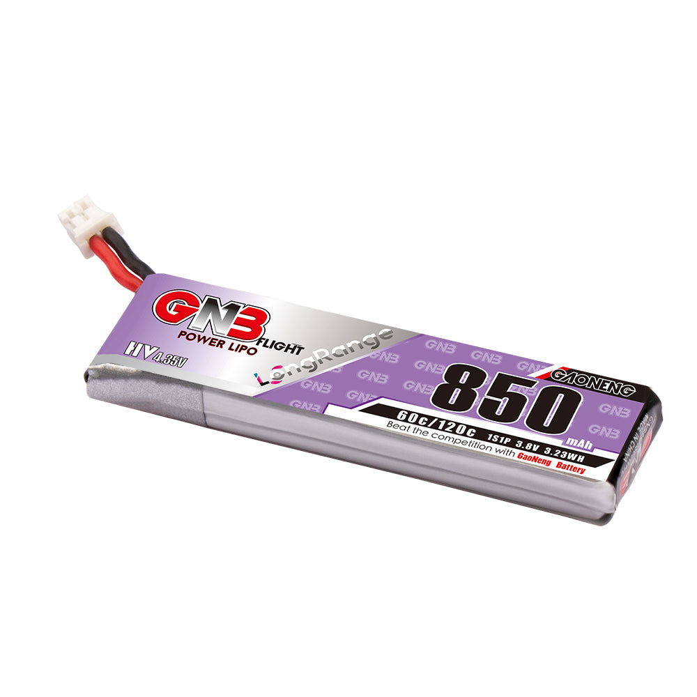 GAONENG GNB 850mAh 1S 3.8V LiHV 60C LiPo Battery with PH2.0 plug, angled label view